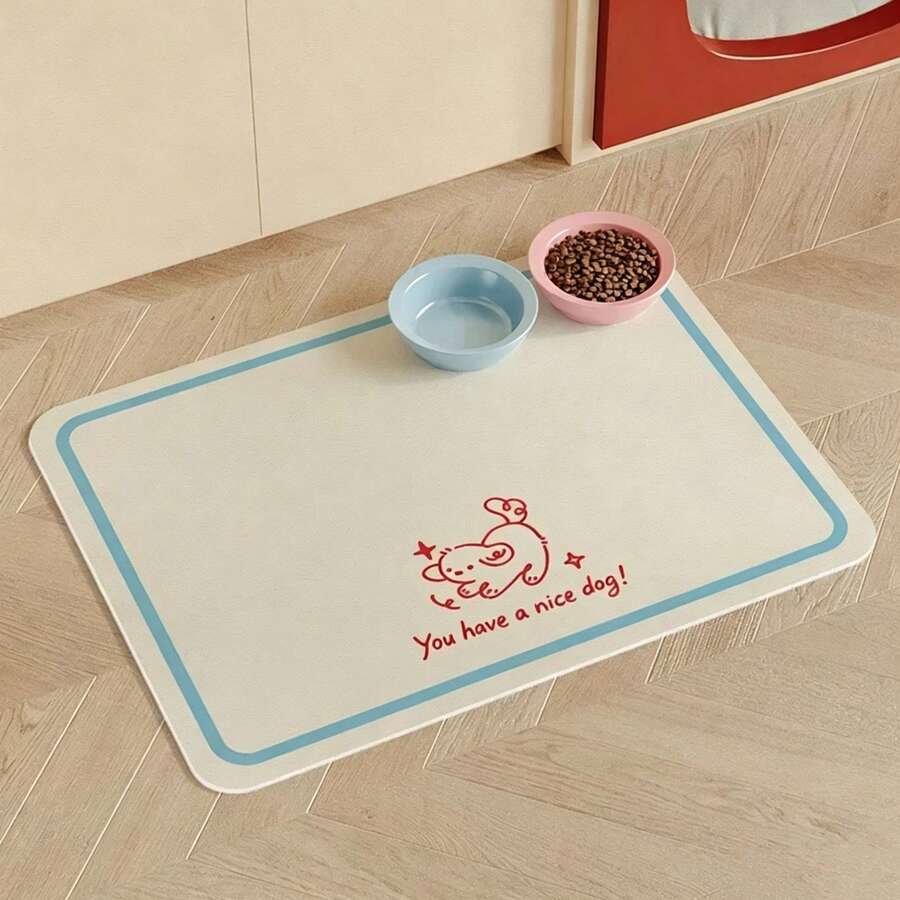 1pc Cream White Base Blue Thin Frame Simple Puppy Pet Placemat, Cream Fresh Style Rectangular Line Puppy English Print Rounded Edge Waterproof Anti-Spill Pet Feeding Mat, Suitable For Cat And Dog Feeding Area, Food Bowl Placement, Home Pet Care Area, All-Season Feeding Scenarios - Apricot - View 1