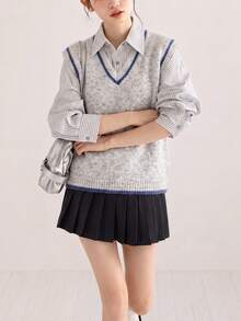 Women's Autumn Casual Minimalist Color Block Trim V-Neck Pullover Vest Fall - Light Grey - View 4