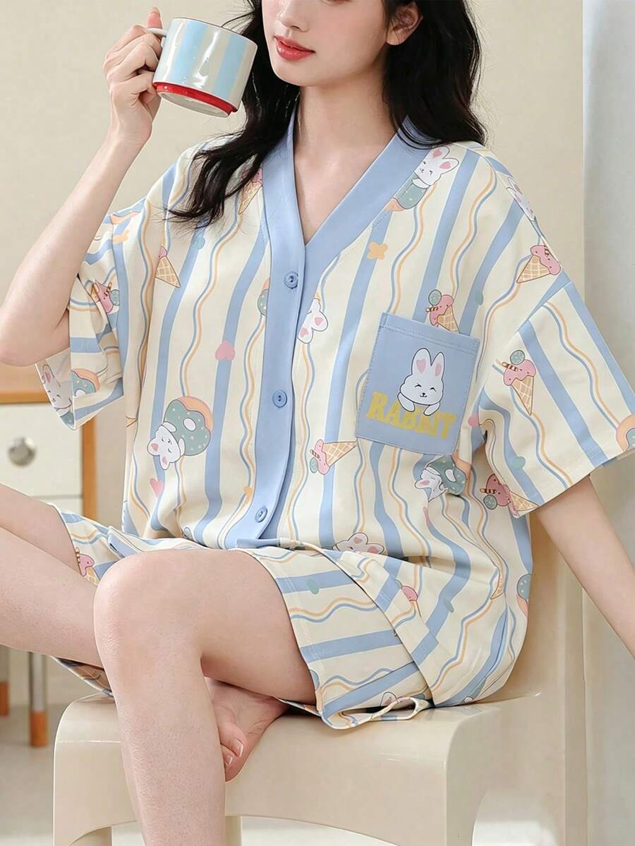 两件套女士睡衣套装,V领短袖开衫和短裤,夏季柔软家居服 - 淺藍色 - 查看 1