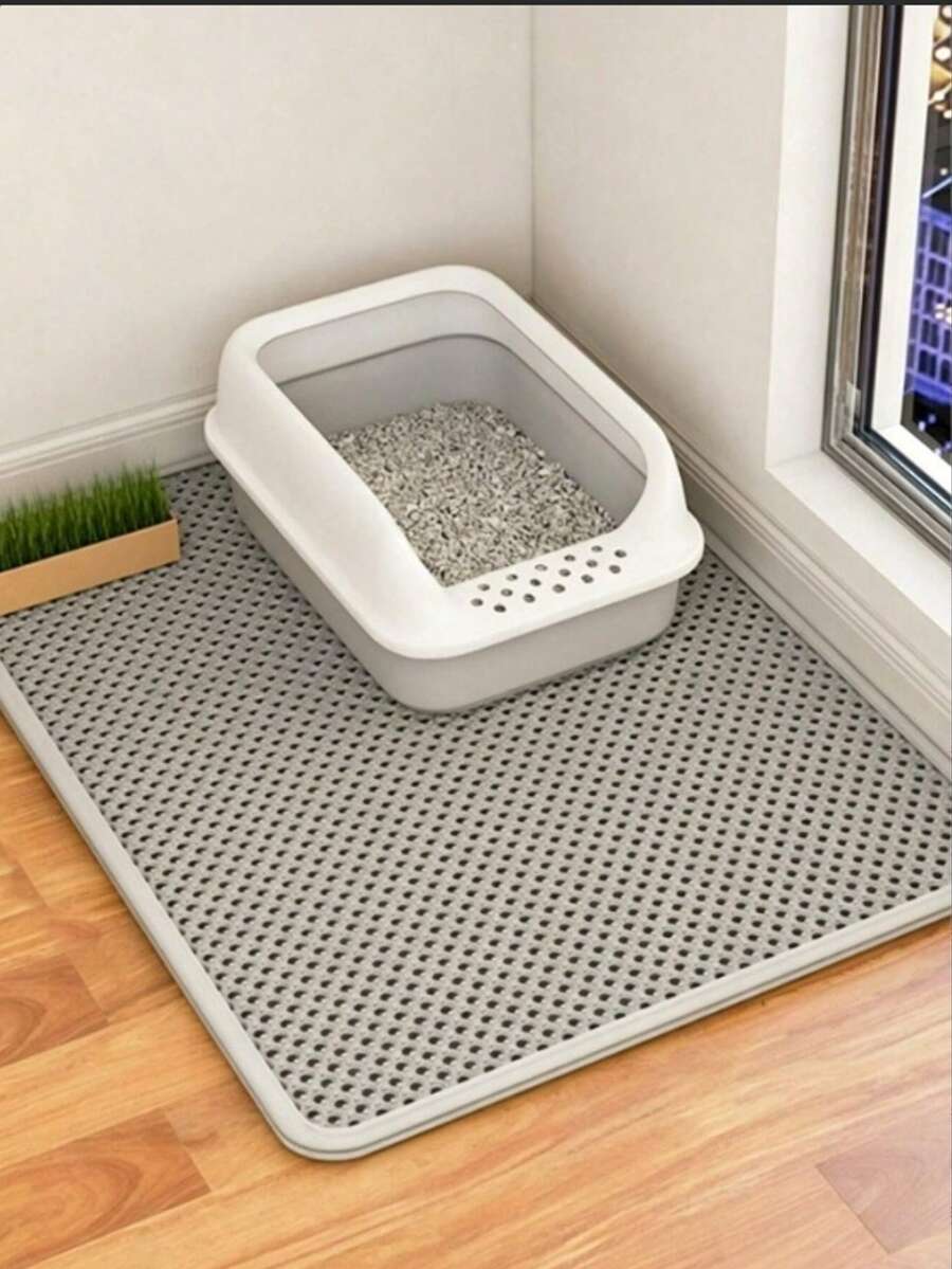 One EVA Anti-Slip Pet Litter Tray, Serving Dual Purposes As Both A Cat Litter Tray And A Pet Feeding Pad. The Double-Layered Single-Opening Washable Litter Tray Is Suitable For Indoor Use In Cats' Homes. - Grey - View 1