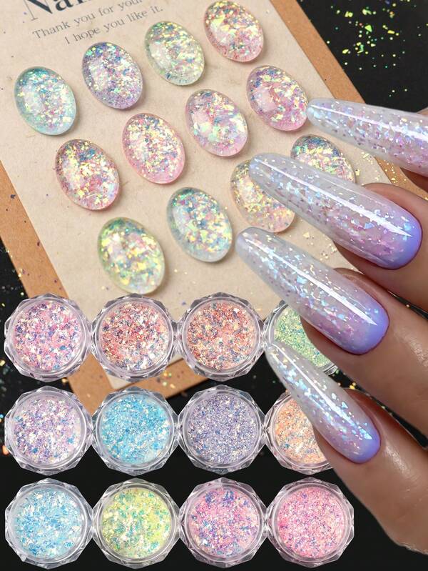 12pcs Aurora Ice Holographic Nail Glitter, Mermaid Iridescent Shimmer Flakes, Asymmetrical Rainbow Foil Glitter Powder, Fairy Style Nail Art Decoration DIY Wedding/Party Nail Supplies, Random Mixed Colors