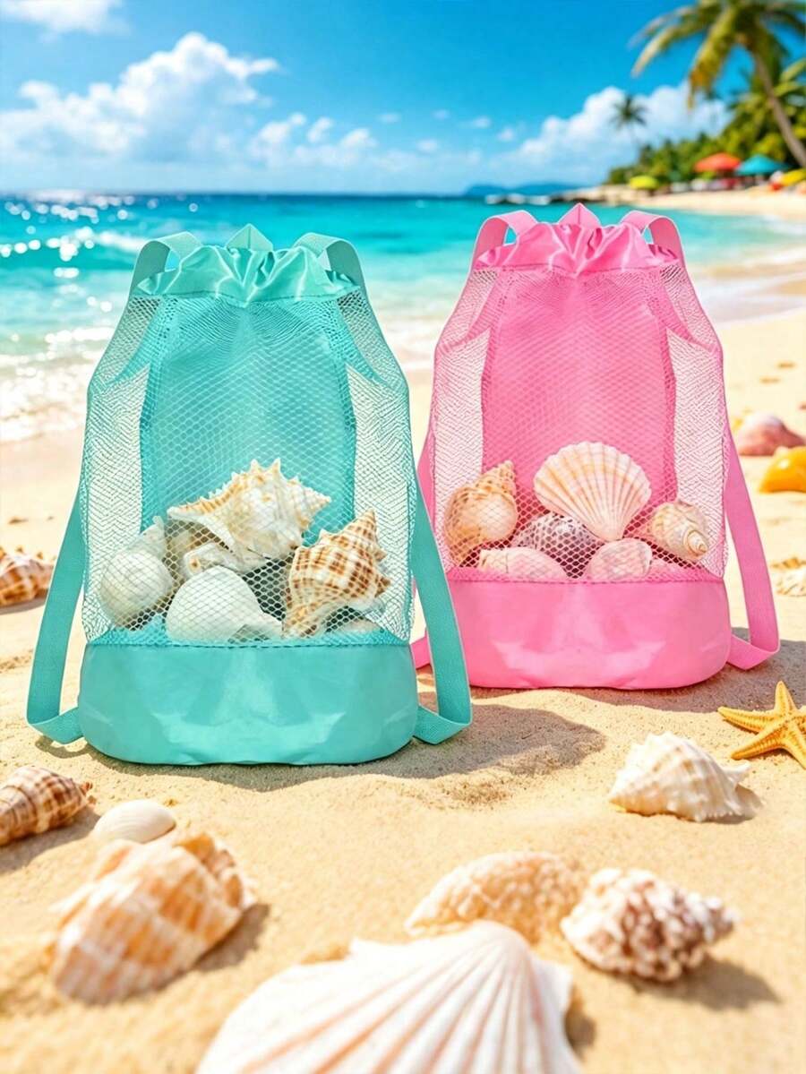 1pc Large Capacity Mesh Beach Toy Bag, Breathable Drawstring Backpack, Colorful Summer Storage Bag For Pool, Outdoor Sports, Swimming Accessories, Camping, Beach Essentials, Shell Collecting, Beach Toys, Toy Storage Organizer, Cruise Travel Must-Have - A - View 1