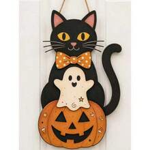 Creative Hot-Selling 2D Flat Halloween Cat Door Hanging Wooden Black Cat Ghost Pumpkin Sign - Multicolor - View 1
