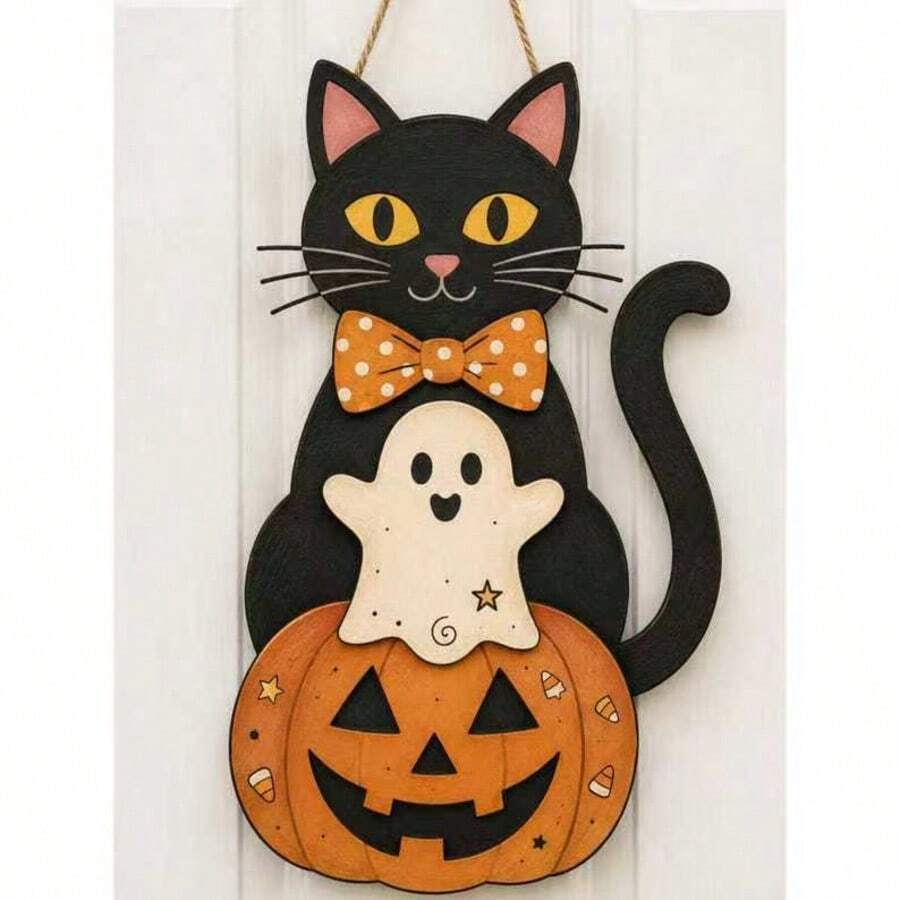Creative Hot-Selling 2D Flat Halloween Cat Door Hanging Wooden Black Cat Ghost Pumpkin Sign - Multicolor - View 1