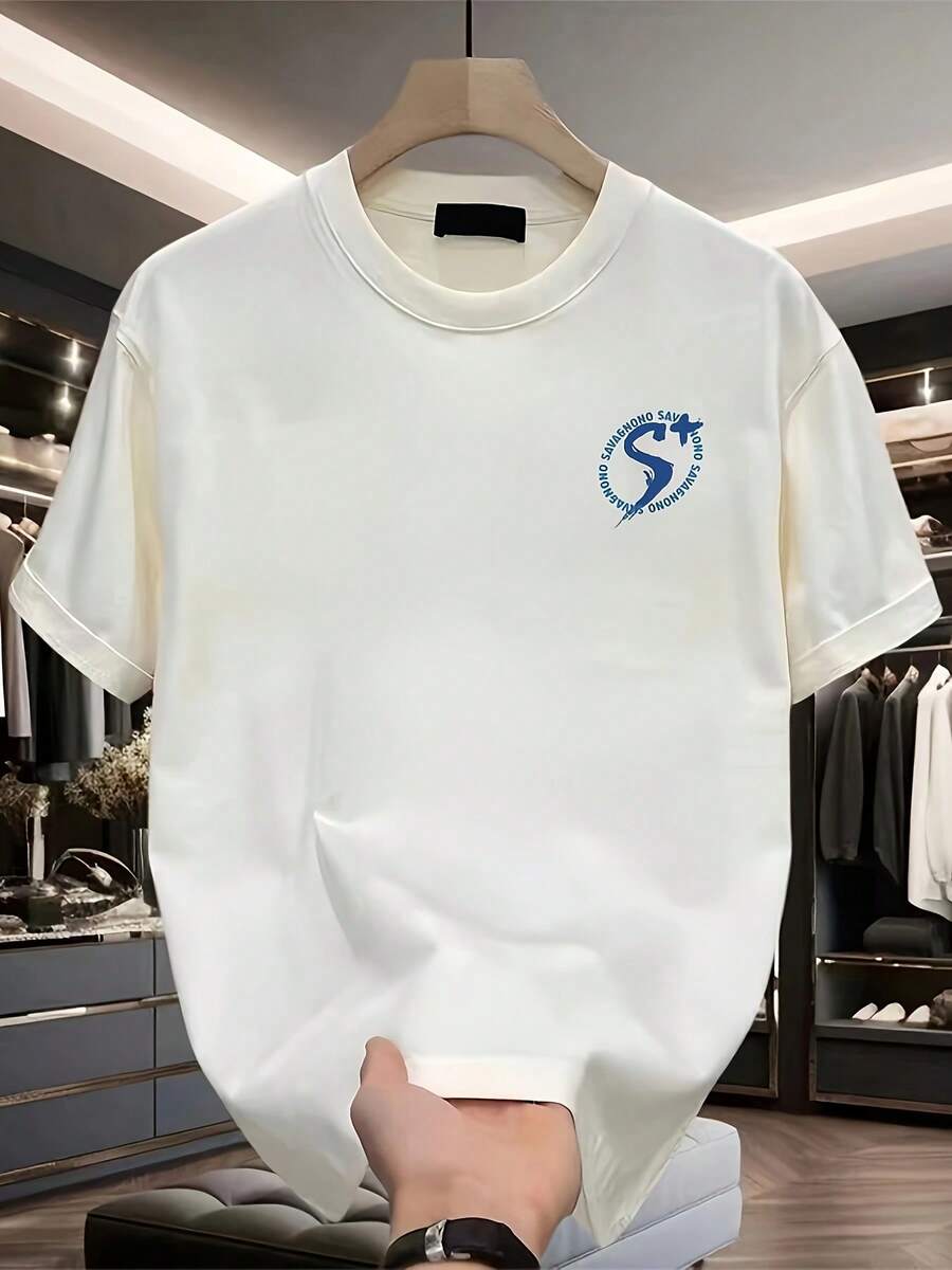 Men's Short-Sleeved T-Shirt, Solid Color And Modern Print, New Summer Style In Large Sizes, Versatile Casual Top. - White - View 1