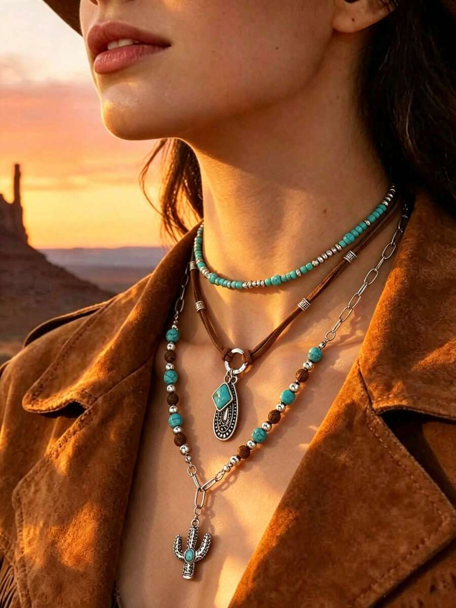 Collar multicapa retro para mujeres, cadena de cuello con colgante, accesorio versátil de estilo bohemio. - Multicolor - Ver 1