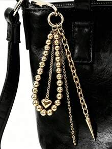 Elegant Metal Pearl Beaded Heart-Shaped Tassel Decor Pendant Keychain Beaded Chain Bag Chain Gift, Beautiful - A - View 5