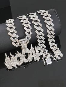 European And American Hip-Hop Flame NO CAP Letter Full Rhinestone Cuban Chain Set, Men's Zirconia Inlaid Necklace And Bracelet 2 Pieces Set, Gold And Silver Dual-Tone Rap Streetwear Accessories, Boyfriend Gift - NO CAP - View 6
