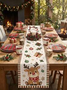 Christmas Cartoon Long Table Runner, Playful Cartoon Style, Santa Claus & Reindeer, Cream Background With Gift Box, Colorful Ball & Snowflake Print, Long Tablecloth Decoration For Living Room Coffee Table, Holiday Gathering And Winter Party Decor - Multicolor - View 4