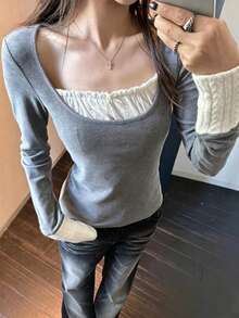 Autumn/Winter Elegant Casual Round Neck Clever Design Sweet Elegant Long Sleeve Base Layer Versatile Top - Grey - View 2