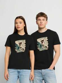 Unisex Summer T-Shirt - Women's T-Shirt - Surfer - /Stella CREATOR Unisex 100% Cotton T-Shirt - Black - Front - Y2k - Music Festival - Bea 4HJR - Black - View 1
