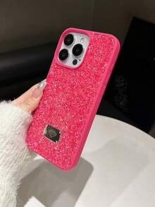 Shockproof Full Rhinestone Glitter 1PC Rose Skin Texture Protective Phone Case Compatible With IPhone 15 Pro Max Waterproof Anti-Fall Scratch Resistant Anniversary Gift - Hot Pink - View 4