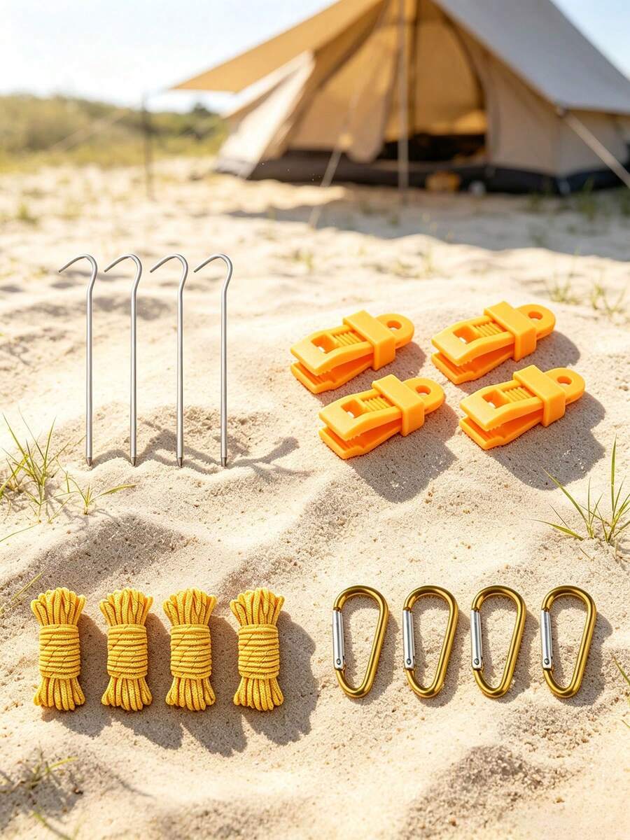 8PCS. 16PCS Windproof Outdoor Tent And Awning Accessory Set | Complete Heavy-Duty Camping Waterproof Tarp Fixing Set, Includes Ground Stakes, Wind Ropes, Tarp Clips And D-Rings - Multicolor - View 1
