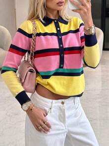 FOR BEAUTY Women's Striped Knit Polo Collar Multi-Color Long Sleeve Half-Button Cardigan Sweater, Party And Outings Fall - Multicolor - View 3