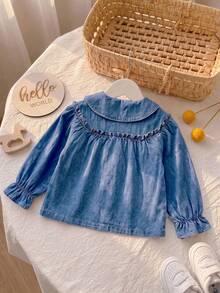 1pc Girls Toddler Sweet Cute Ruffle Trim Pleated Design Peter Pan Collar Denim Jacket Daily Fashion Outfit - Medium Wash - View 3
