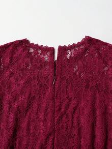 Women's Plus Size Lace Patchwork Midi Dress, Round Neck Short Sleeve Burgundy Party Dress, Wedding Guest Outfit Vacation Fall - Red Violet - View 5
