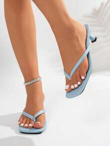 NANBEI ZUO Minimalist Solid Color Series Toe-Post Design Women's Kitten Heel Flip-Flop Sandals, Summer New Fashion Beach Vacation Style High Heel Slippers, Daily Versatile Korean Style Plain Square Toe Sandals - Light Blue - View 6