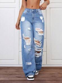 Teen Girls' Fashionable Wide Leg Washed Distressed Denim Jeans - Light Wash - View 2
