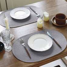 45*30cm Light Gray Oval Plastic Woven Placemat, 4.72 Inch Coaster, Easy To Clean, Non-Slip, Heat Resistant. Decorative Mat, Wrinkle-Resistant, Suitable For Party, Wedding, Housewarming, Christmas, Halloween, Thanksgiving, Mother's Day - Light Grey - View 4