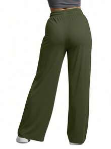 Comfortable Women's Wide-Leg Sweatpants, Soft, Structured Fit, Casual, Basic, Plain, With A Faux Drawstring. - Army Green - View 2