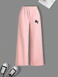 2pcs Girls Outfit Set, Includes Embroidered "NY" Letter Hoodie Jacket And Simple Casual Wide Leg Pants, Comfortable Autumn/Winter Daily Wear - Pink - View 6