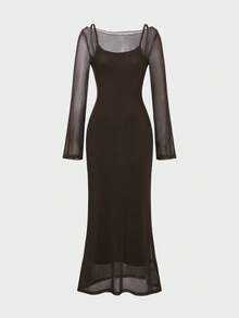 QUNGIGU Women Two Pieces Dress Set Sheer Mesh Long Sleeve Top Side Slit Bodycon Cami Long Apparel For Wedding Guest Going Out Dating - Brown - View 6