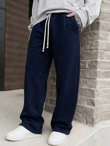 Men's Drawstring Waist Loose Wide Leg Casual Sweatpants, Autumn/Winter Spring Sports - Navy Blue - View 4