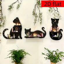 3pcs Wooden Black Cat Wall Shelf Set. Gothic Style Wall Hanging Storage Organizer - A - View 2