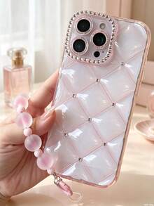 New Transparent Pink Rhinestone Diamond Pattern With Frosted Pink Beads Phone Lanyard Compatible With Apple 17 Pro Max/17e/16e/16 Pro Max/16/15/13/14 - Baby Pink - View 3