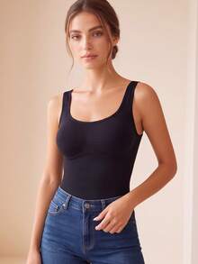 CELILIN Seamless Scoop Neck Tank Top For Women, Soft Ribbed Slim Fit Layering Cami, Comfortable Stretchy Everyday Undershirt - Black - View 4