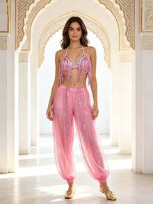 Deep V Sequin Fringe Crop Top With Gold Dot Mesh Loose Harem Trousers, Exotic Style Stage Party Dance Sexy Two Pieces Outfit (Multiple Colors Available) - Multicolor - View 7