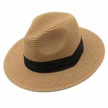1pc Men's Woven Straw Fedora Hat With Black Ribbon, Breathable Wide Brim UV Protection Sun Hat - Multicolor - View 2