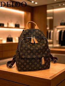 Dedoo Women Vintage Printed PU Backpack, Top Handle, Double Zipper Pockets, Adjustable Shoulder Straps, Large Capacity Casual Travel Daypack For All Seasons - Brown - View 2