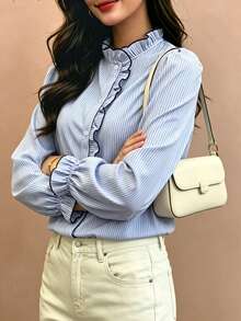 Áo blouse nữ dáng rộng tay dài, kẻ sọc xanh trắng, phối viền tương phản, cổ bèo và cổ tay bèo, phong cách thường ngày, phù hợp cho mọi mùa - Xanh và trắng - Xem 5