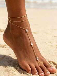 1pc Fashion Multi-Layer Mesh Tassel Beaded Toe Ring Anklet, Vacation Accessory, Wedding Party Daily Accessory Holiday Gift (Avoid Contact With Water) - Gold - View 6