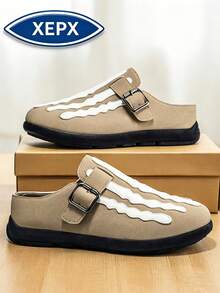 Khaki Men's Loafers Halloween New Color Striped Skull Closed-Toe Slippers Comfortable All-Season New Style Skate Shoes Men's Fashion Shoes Niche Design Slip-On British Style Shoes Business Casual Daily Walking Shoes, Vintage Round Toe Thick Sole Men's Formal Shoes Fashion Durable Casual Men's Shoes Plus Size Slouchy Shoes - Khaki - View 5