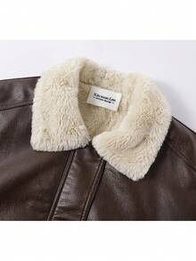 American Korean Style Black PU Leather Jacket With Zipper, College Vacation Casual Autumn/Winter - Coffee Brown - View 2