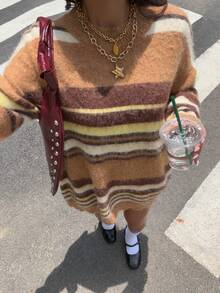 女款優雅時尚甜美軟暖度假約會通勤拼色毛絨寬鬆針織毛衣，秋冬款 - 棕色 - 查看 2