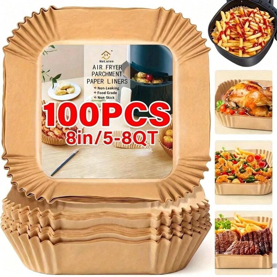100Pcs 8 Inch Unbleached Square Air Fryer Liners, Non-Stick Disposable Parchment Paper Sheets Fit 5-8L Air Fryer, Multipurpose Baking Roasting Microwave Paper, Practical Mother's Day Gift Supplies For Women, Pink Kitchen P