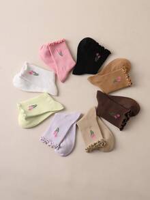 4/8 Pairs Sweet Style Tulip Floral Frill Trim Women's Mid-Calf Socks - Multicolor - View 8