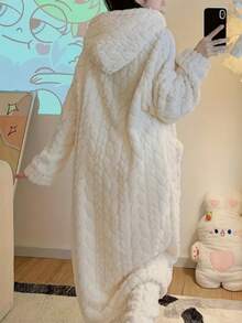 Soft Bubble Fleece Hooded Long Bathrobe, Loose Waist Tie Plush Warm Loungewear, Skin-Friendly Absorbent Women's Bathrobe, Bedroom And Bathroom Casual Homewear, Suitable For Holidays, Halloween, Back To School, Wedding Favors And Housewarming Gifts - Multicolor - View 5