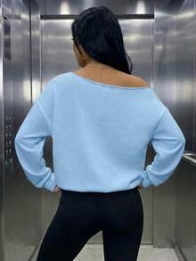 女款休閒抓絨露肩寬鬆衛衣，適合秋冬日常穿著與戶外穿搭，藍色秋季款 - 淺藍色 - 查看 8