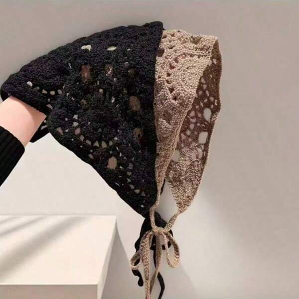 3pcs Bohemian Style Triangle Headscarf, Hollow Crochet Headband, Women's Headband, Adjustable Non-Slip Headband, Vintage Hairband, Hair Rope, Black, Beige And Khaki Available