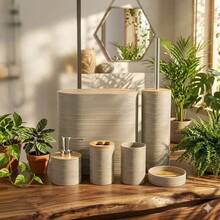 Striped Bamboo Bathroom Cover Plastic Six Pieces Set Manufacturer Hot Selling Bathroom Storage Rack Toothbrush Holder Cover - View 8