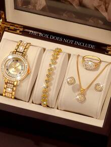 6pcs Exquisite Women's Quartz Watch Jewelry Set, Includes Bracelet, Necklace, Ring, Earrings; Round Dial, Personalized No-Scale Design, Fixed Strap Size. Suitable For Holiday Gifts, Daily Wear, No Outer Packaging Box Included - Gold - View 5