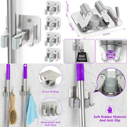 Broom Holder Wall Mount Screw Drilling, Sturdy Heavy Duty Stainless Steel Mop Gripper Rack Perforated, Perfect For Laundry Room Organizer, Fit With Laundry Kitchen Garage Garden Storage System
