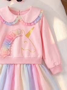 Girls' Fashionable Pony Print Turn-Down Collar Multicolor Mesh Dress - Pink - View 4