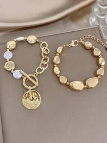 18k Gold Plated Asymmetrical Stone Gold Bracelet, Women's Bracelet, Designer Jewelry, Charming Bracelet, High Quality Luxury Jewelry, Luxury Bracelet, Jewelry Set, Heavy Jewelry, Gold Plated Jewelry, Suitable For Daily, Date, Party, Vacation Season, Back To School Season, Summer Jewelry, Beach Jewelry, Bohemian Jewelry, Women's Beach Accessories, Birthday Gift, Girlfriend Gift, Mother Gift - Multicolor - View 1