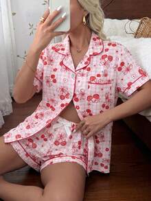 2pcs Women's Comfortable Plaid Cherry Print Short Sleeve Collared Top And Bowknot Shorts Pajama Set, Spring/Summer - Pink - View 3