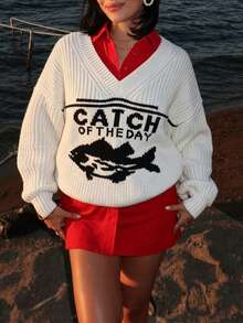 Sweater Wanita Kasual Minimalis dengan Desain Huruf Malas dan Leher V Longgar - Hitam - View 2